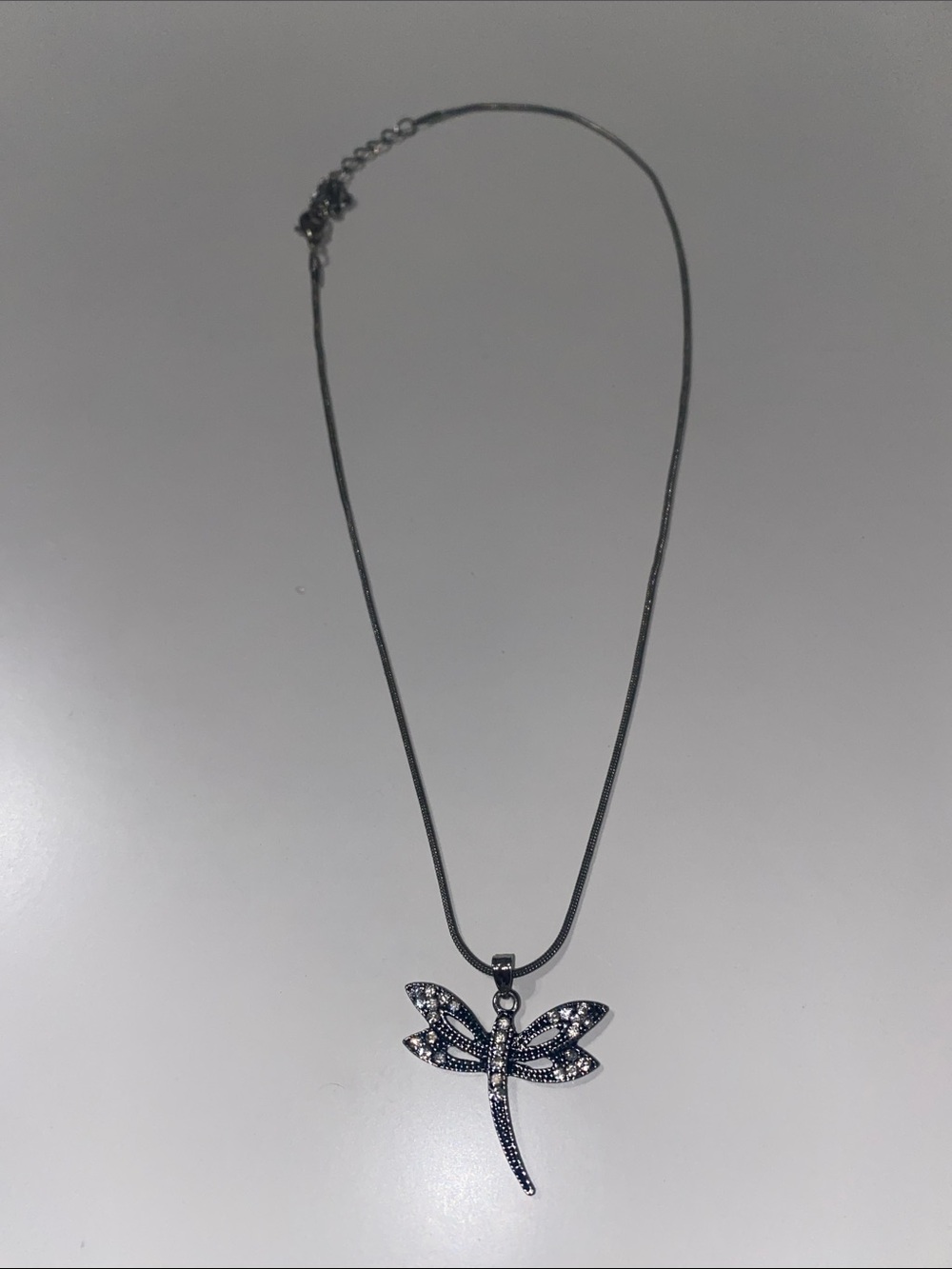 Dragonfly Pendant Silver Necklace - Black and Crystal Accent